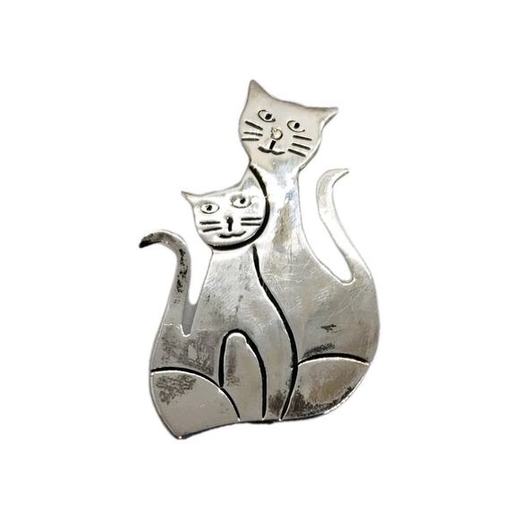 Vintage Brooch Cat & Kitten 925 Sterling Silver Mexico Cats MCM 1960s Cat Lover - Picture 1 of 8